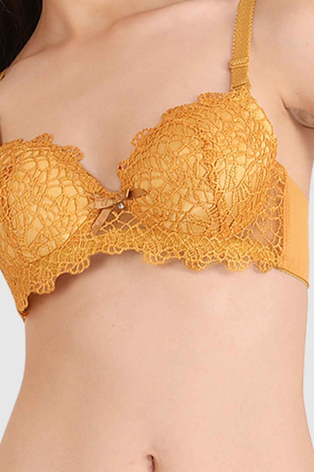 Women Mustard Parisian Cut Heavily Padded Push up Lingerie Set