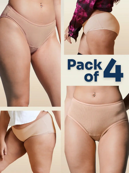 A four-panel collage of beige underwear with a 