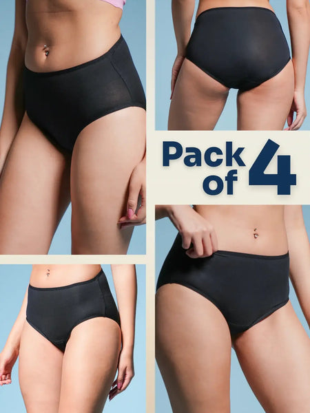 A four-panel collage of black underwear with a 