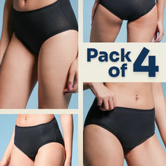 A four-panel collage of black underwear with a 