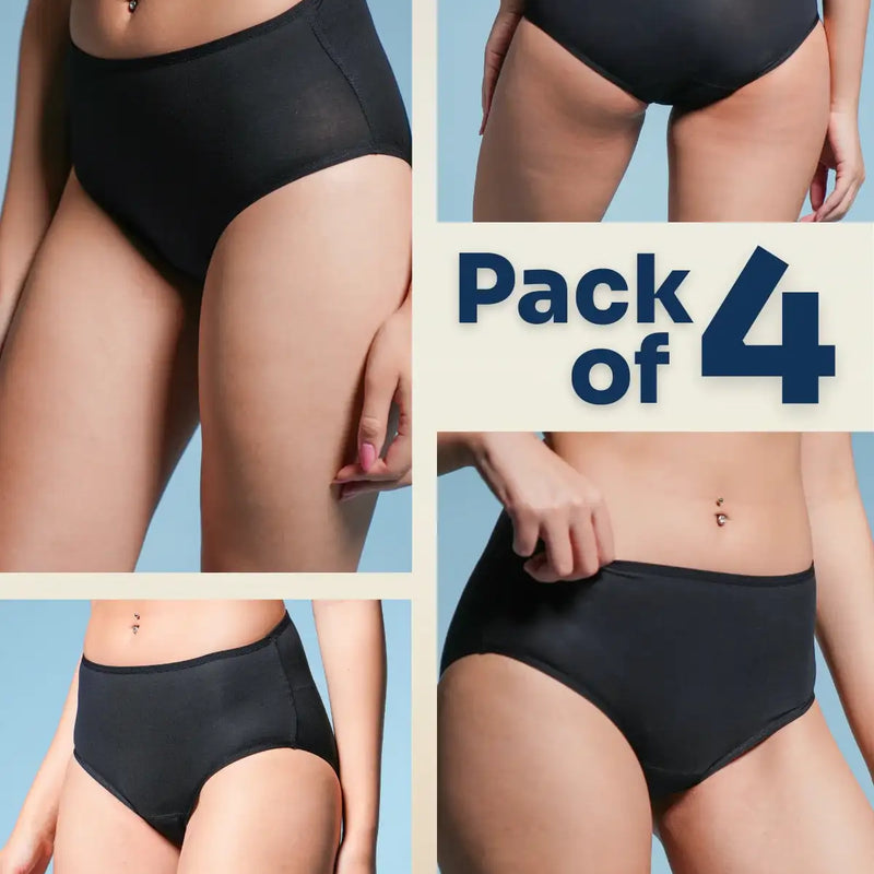 A four-panel collage of black underwear with a 