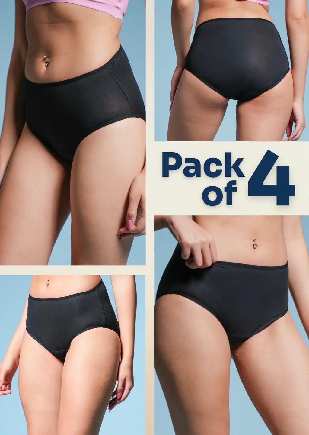 A four-panel collage of black underwear with a "Pack of 4" text overlay.