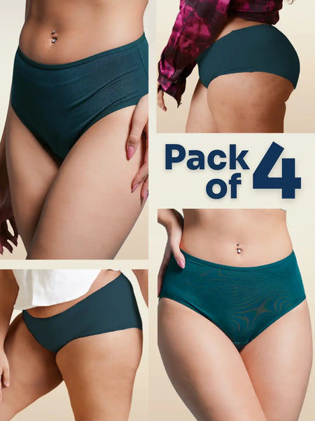four-panel collage of teal underwear with a Pack of 4 text overlay on a beige background