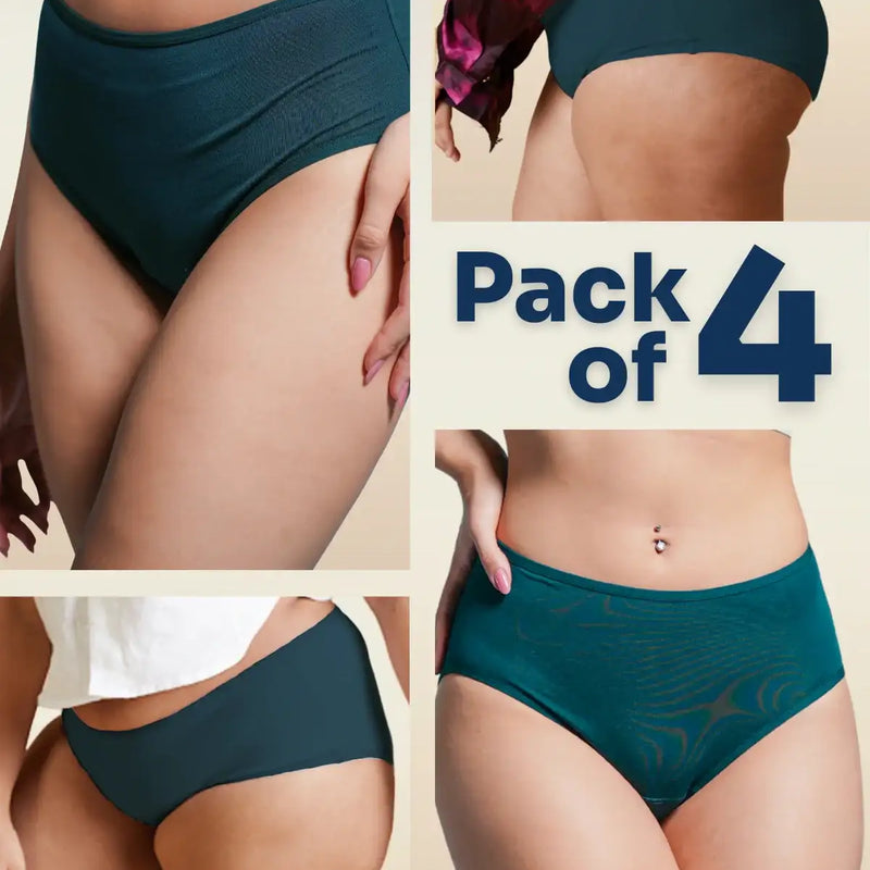 four-panel collage of teal underwear with a Pack of 4 text overlay on a beige background