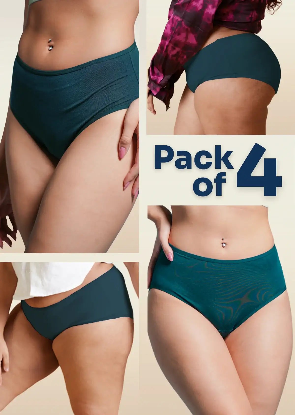 four-panel collage of teal underwear with a Pack of 4 text overlay on a beige background