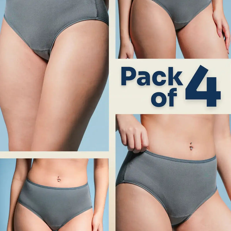 A four-panel collage of a grey underwear with a 