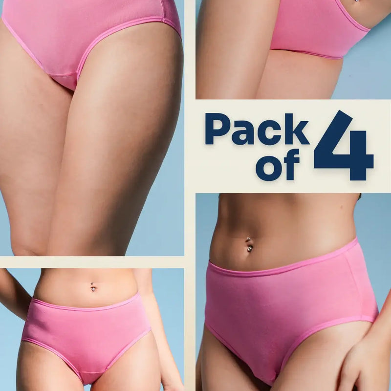 four-panel collage of pink underwear with a Pack of 4 text overlay 