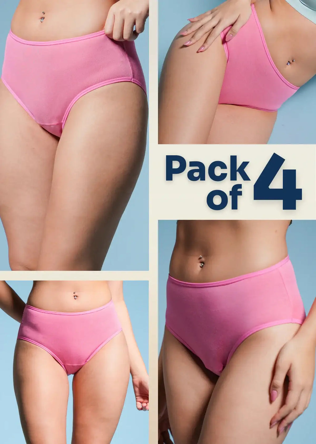 four-panel collage of pink underwear with a Pack of 4 text overlay 