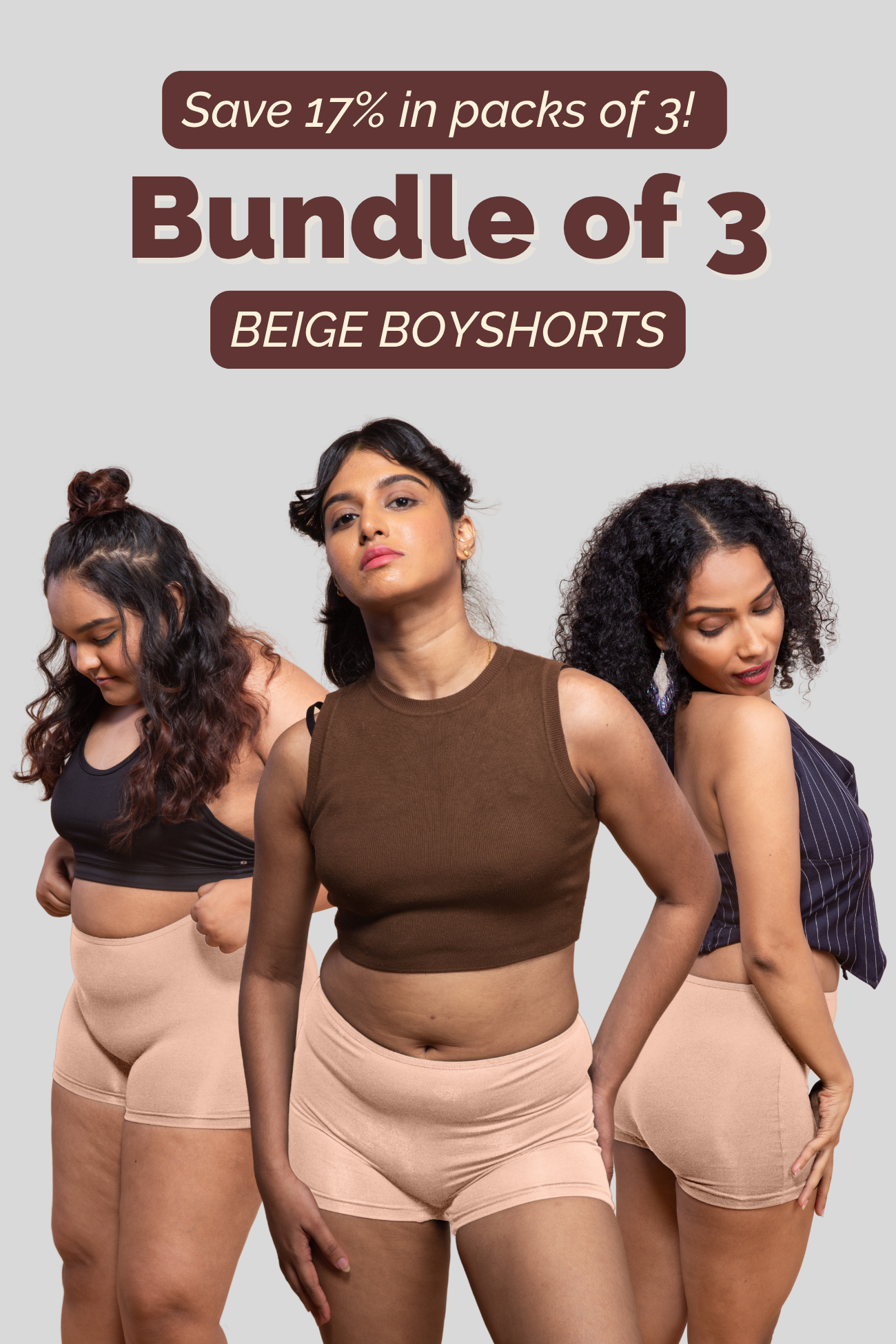 Beige Bundle of 3 Modal Fabric Boyshorts for Women | Tilt Intimates