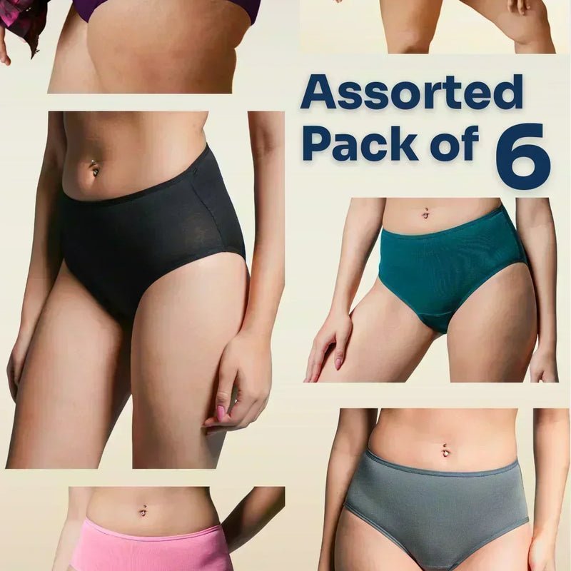 Assorted pack of 6 women's underwear in various colors on a beige background.
