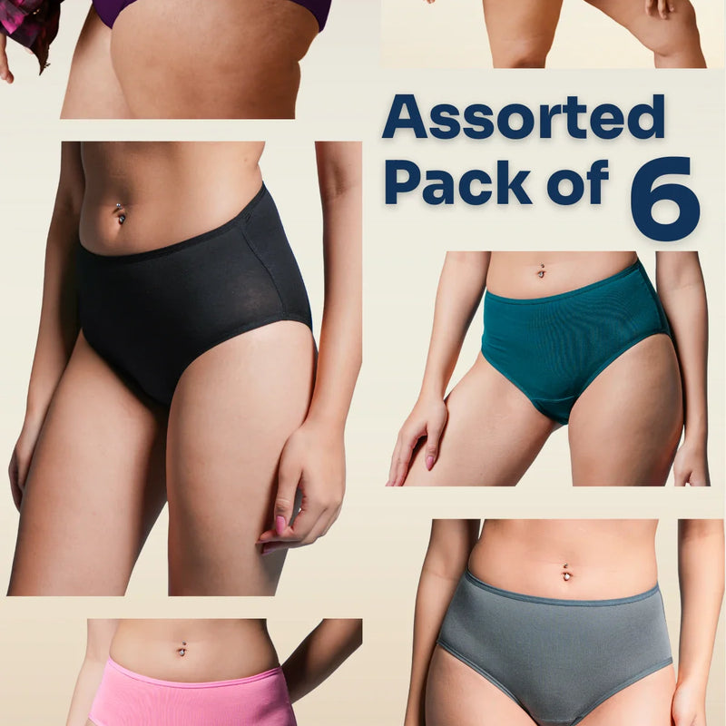 Assorted pack of 6 women's underwear in various colors on a beige background.
