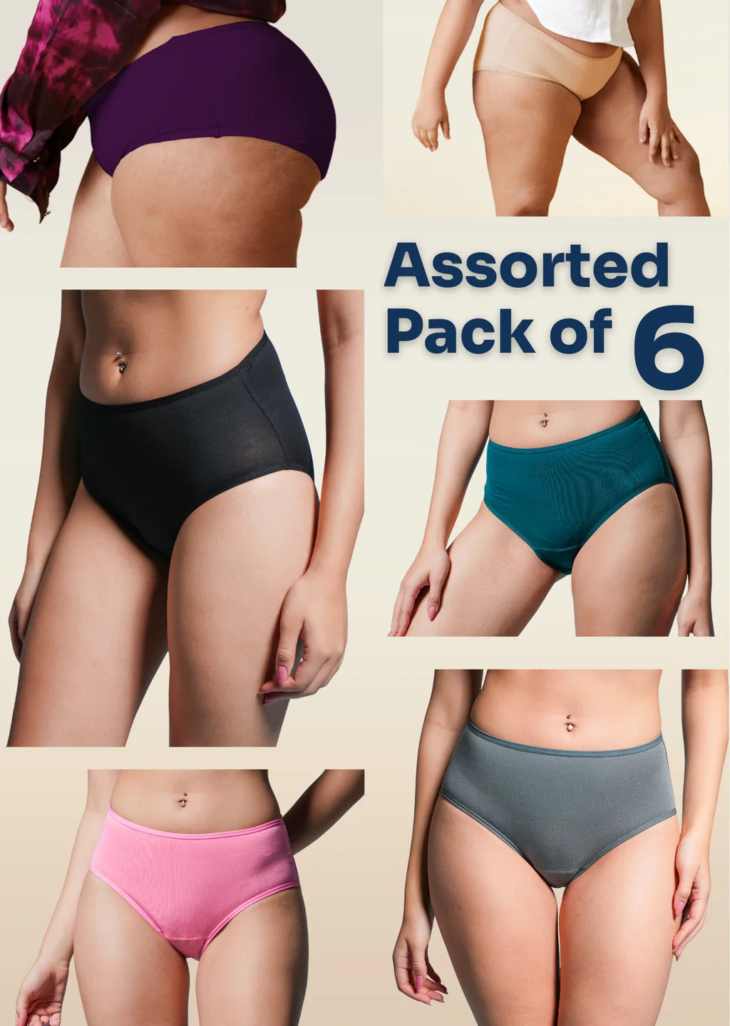 Assorted pack of 6 women's underwear in various colors on a beige background.