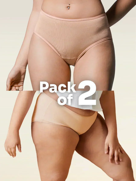 Beige women's underwear with 'Pack of 2' text on a beige background