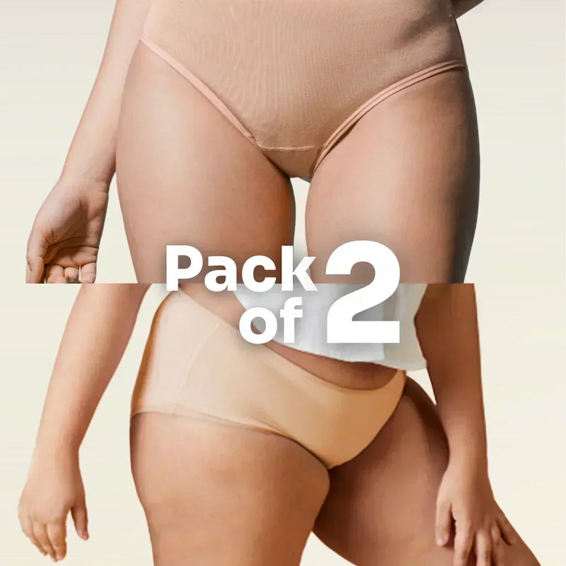Beige women's underwear with 'Pack of 2' text on a beige background