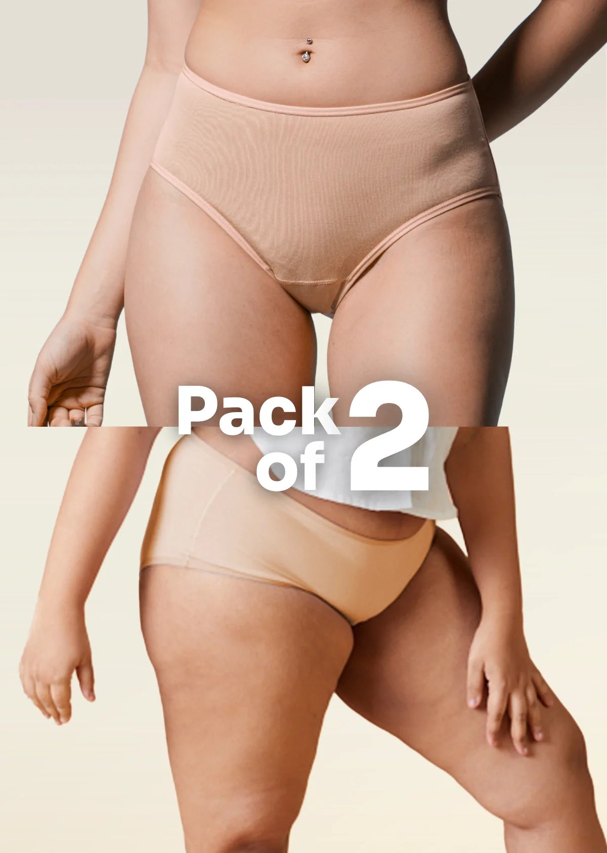 Beige women's underwear with 'Pack of 2' text on a beige background