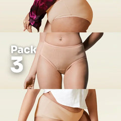 Collage of beige underwear on a beige background with 'Pack of 3' text