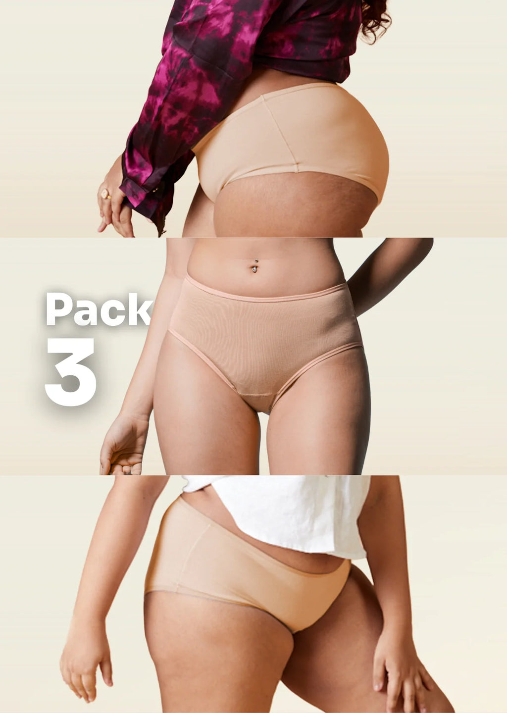 Collage of beige underwear on a beige background with 'Pack of 3' text