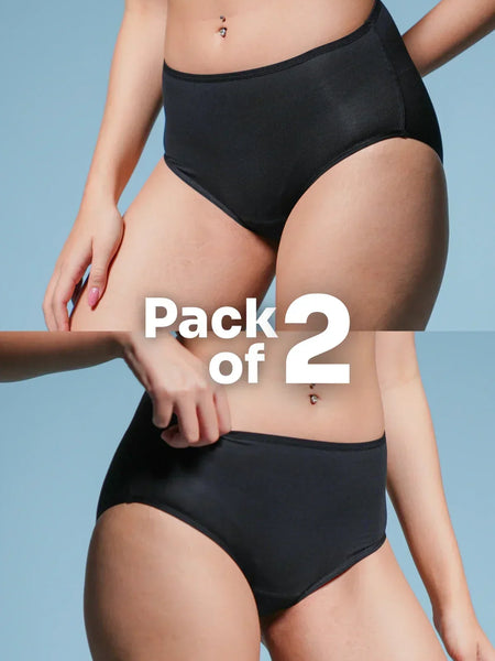 Person wearing black mid-waist  underwear with 'Pack of 2' text on a light blue background