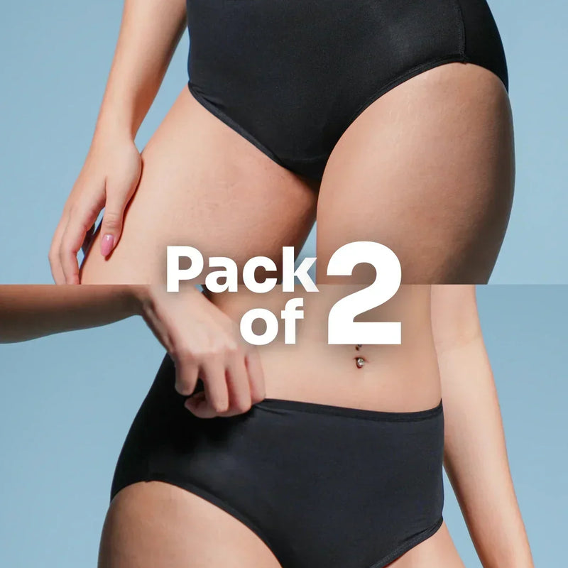 Person wearing black mid-waist  underwear with 'Pack of 2' text on a light blue background