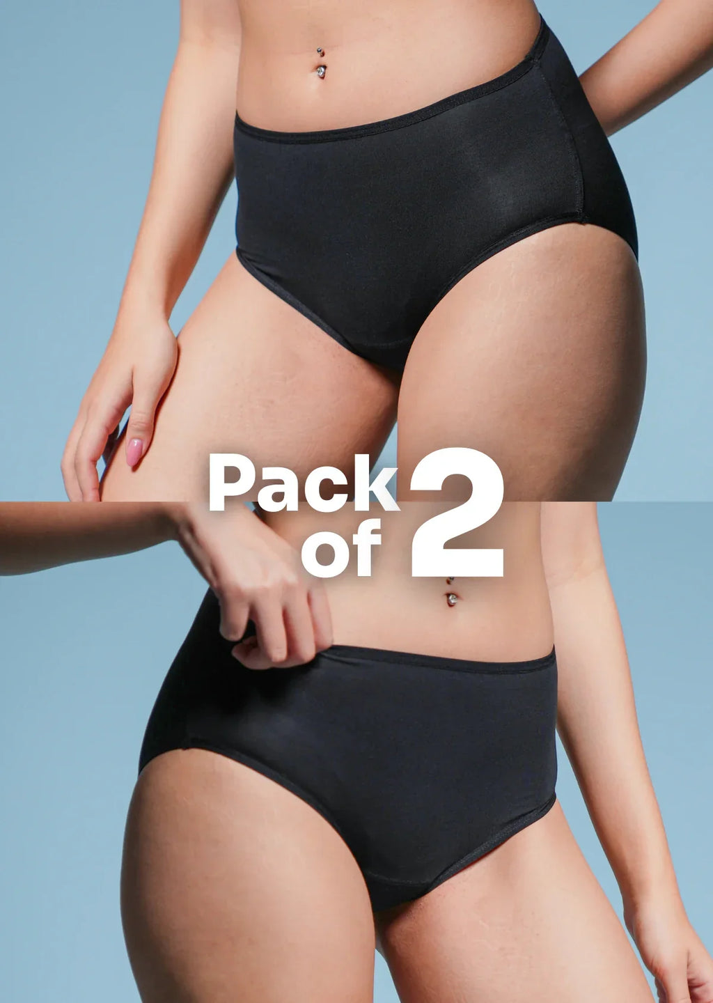 Person wearing black mid-waist  underwear with 'Pack of 2' text on a light blue background
