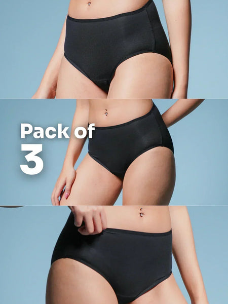 Pack of 3 black high-waisted underwear on a light blue background
