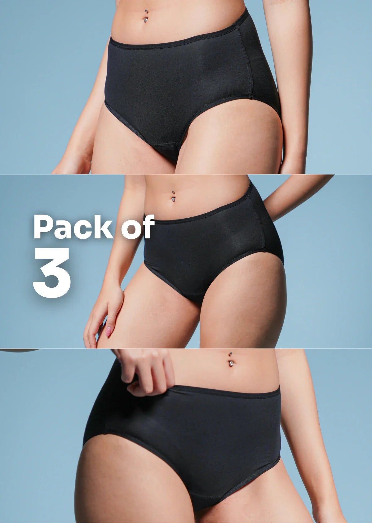 Pack of 3 black high-waisted underwear on a light blue background