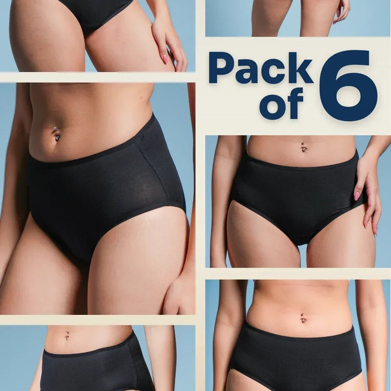 Pack of 6 black mid-waist underwear on a blue background