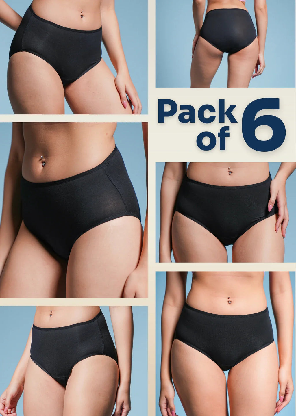 Pack of 6 black mid-waist underwear on a blue background