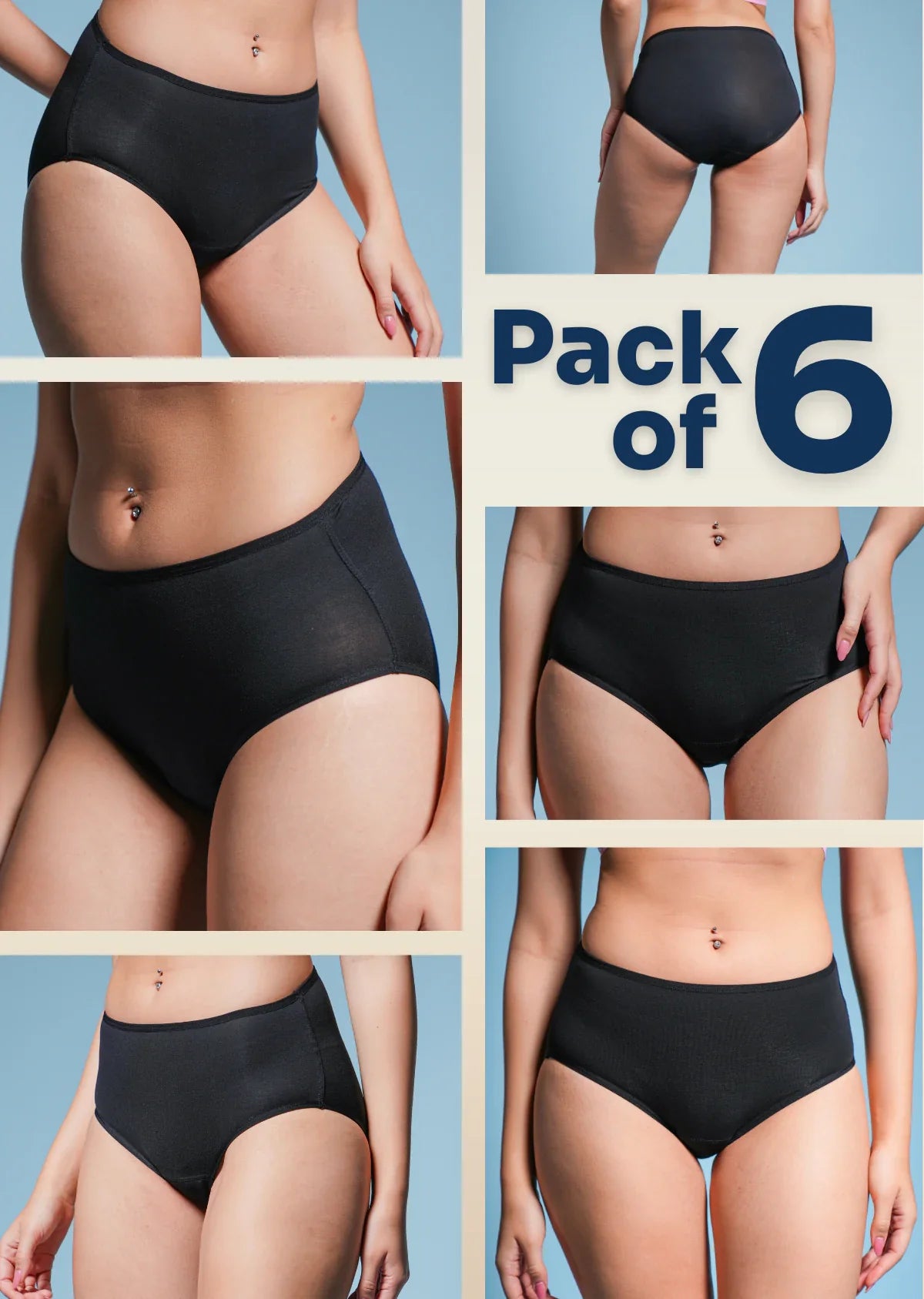Pack of 6 black mid-waist underwear on a blue background
