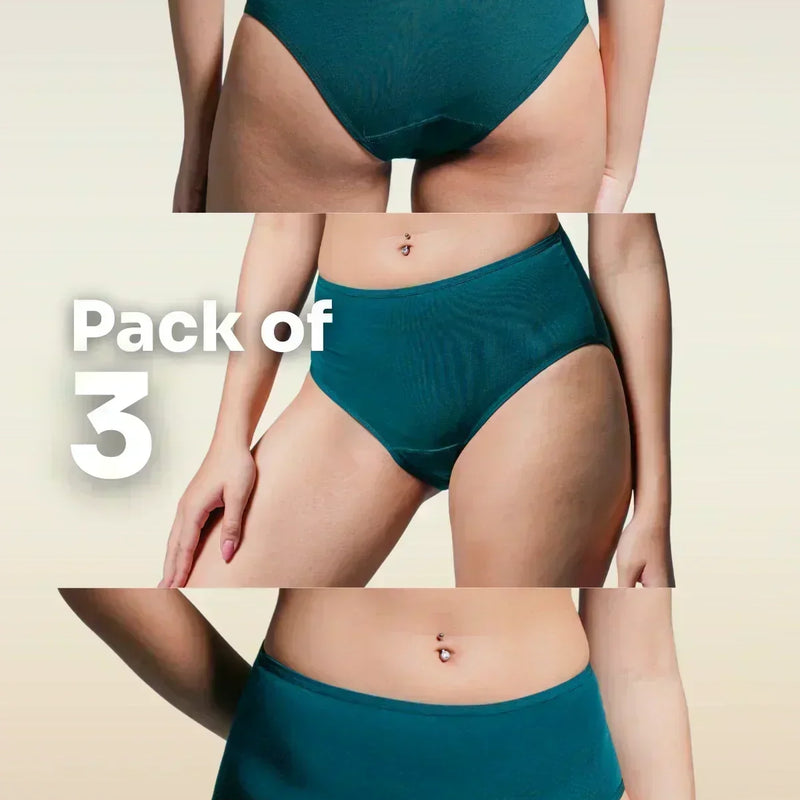 Teal mid-waist underwear displayed on a beige background with 'Pack of 3' text.
