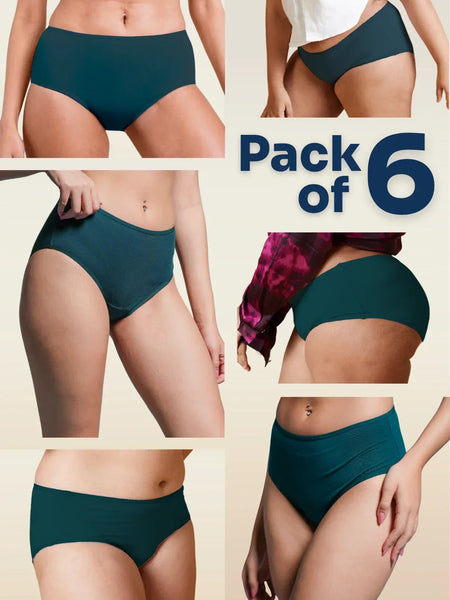 collage of teal underwear displayed on a beige background with 'Pack of 6' text.