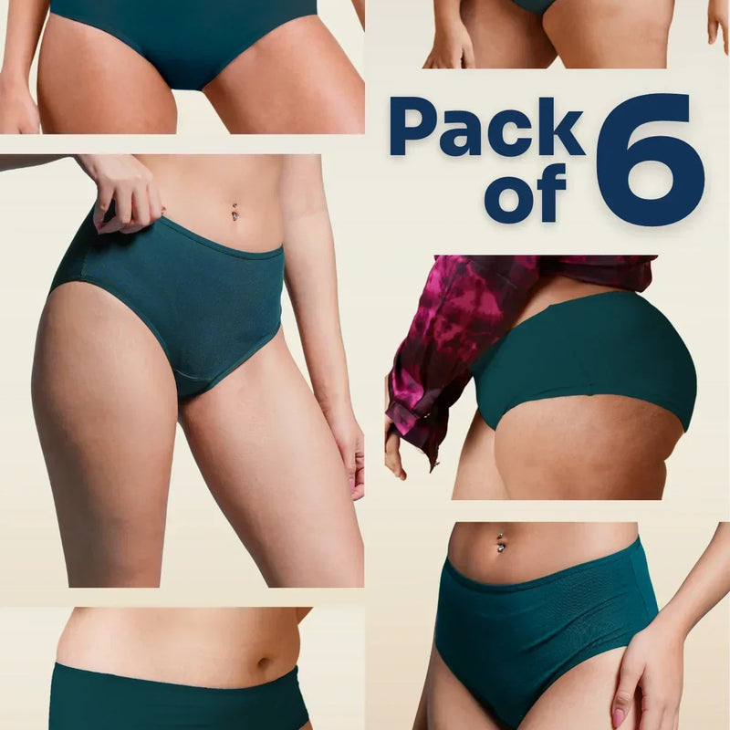 collage of teal underwear displayed on a beige background with 'Pack of 6' text.