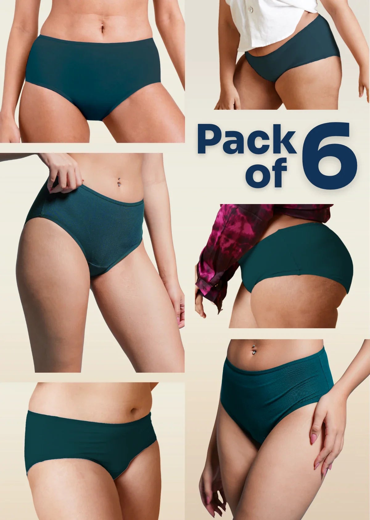 collage of teal underwear displayed on a beige background with 'Pack of 6' text.