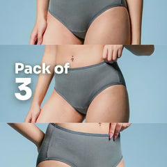 Collage of grey underwear on a blue  background with 'Pack of 3' text.