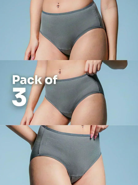 Collage of grey underwear on a blue  background with 'Pack of 3' text.