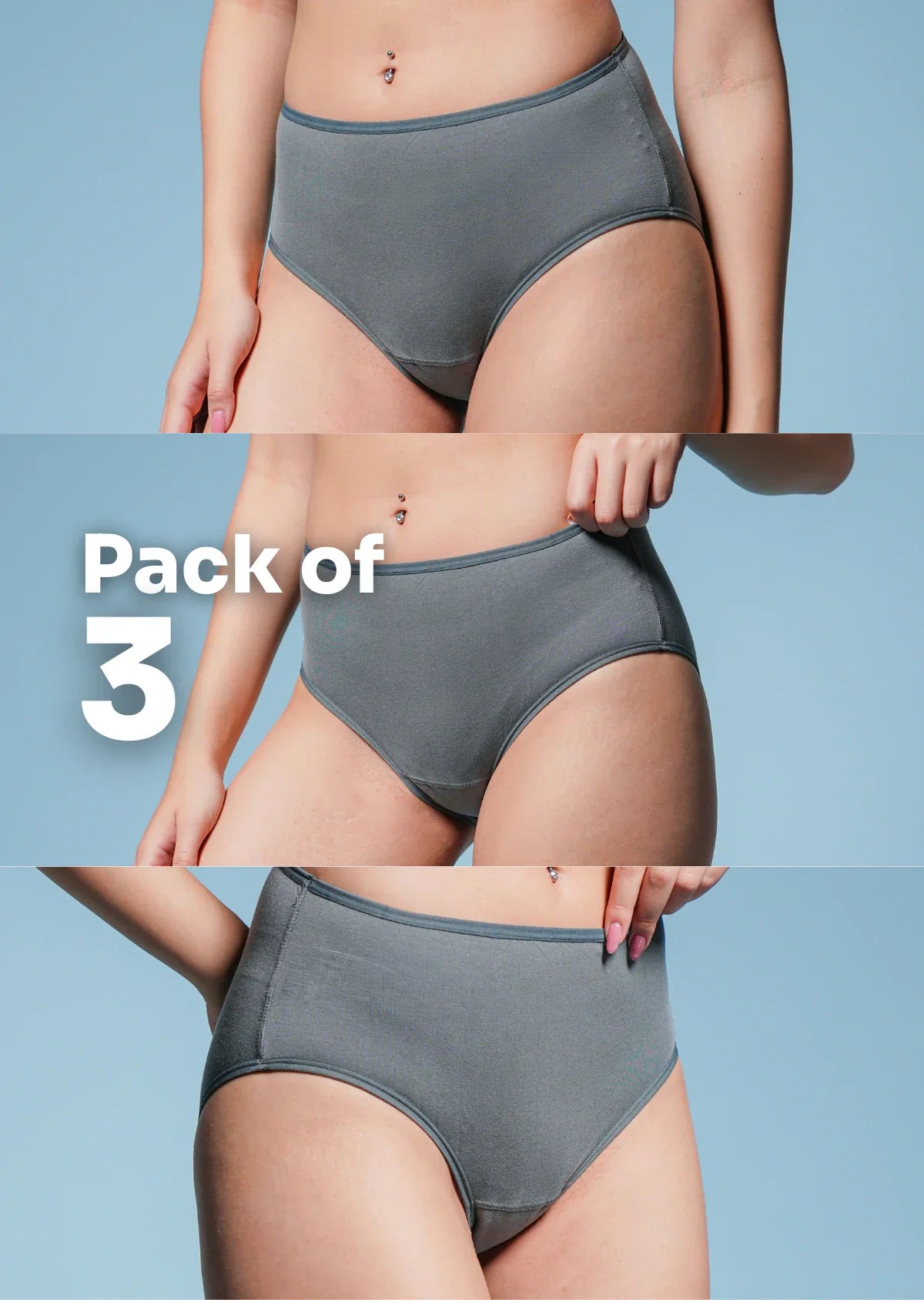 Collage of grey underwear on a blue  background with 'Pack of 3' text.