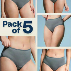 Collage of a person wearing gray underwear with 'Pack of 5' text on a blue background.