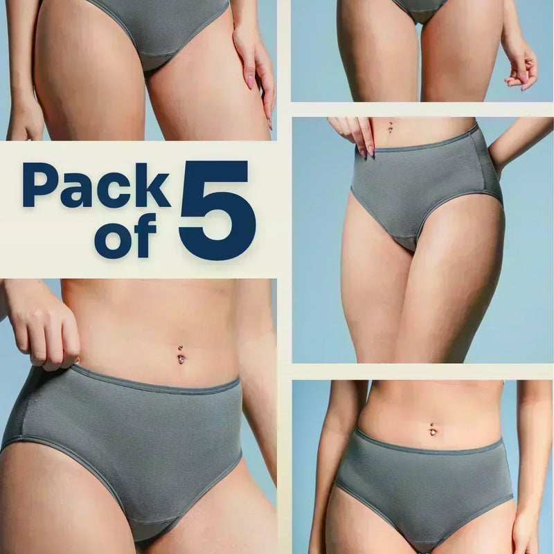 Collage of a person wearing gray underwear with 'Pack of 5' text on a blue background.
