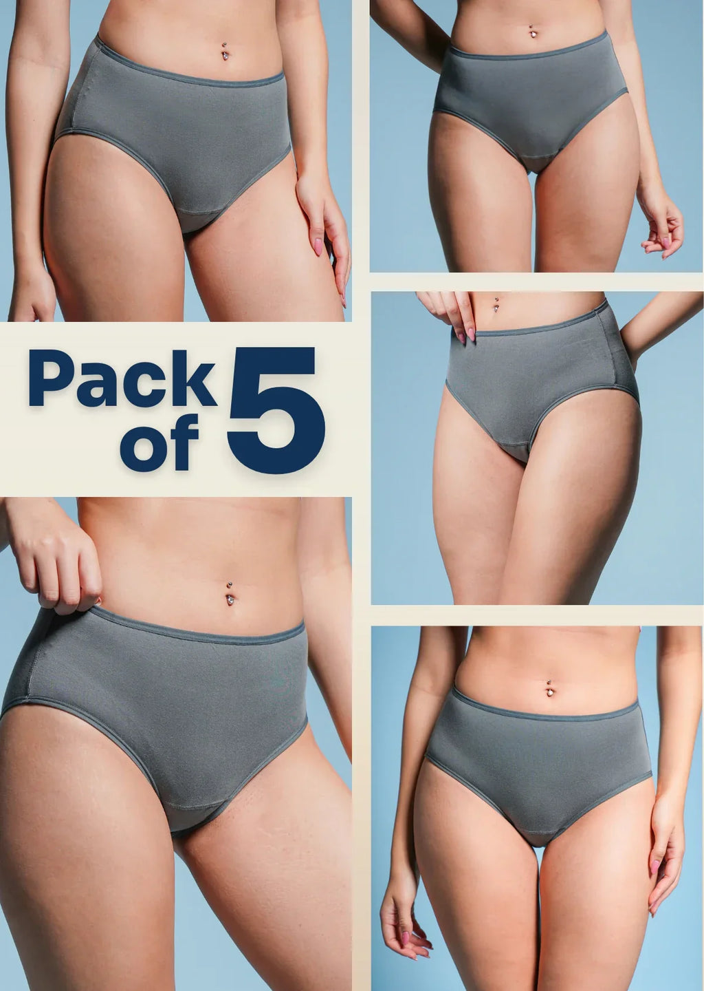 Collage of a person wearing gray underwear with 'Pack of 5' text on a blue background.