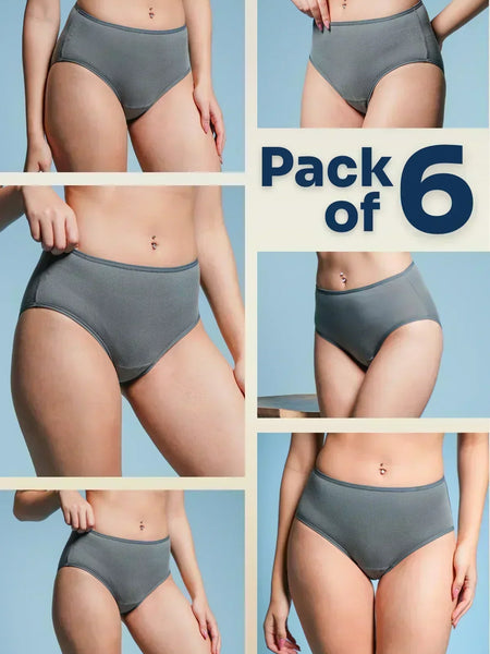Collage of grey underwear on a blue background with 'Pack of 6' text.