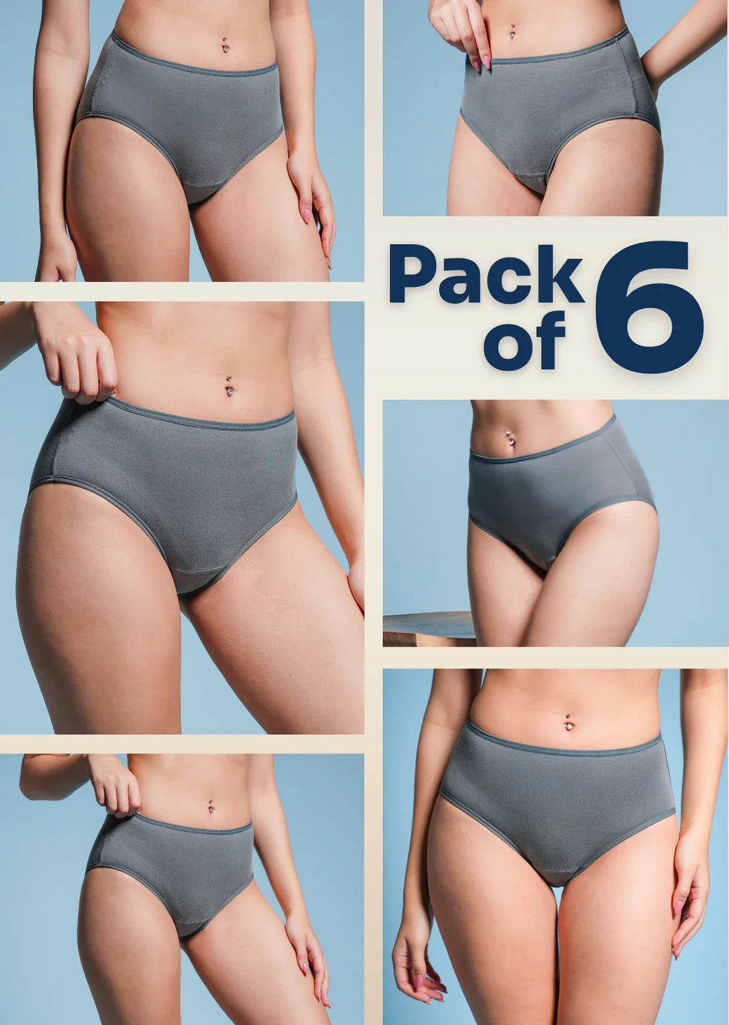 Collage of grey underwear on a blue background with 'Pack of 6' text.