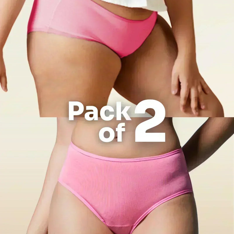 Person wearing pink underwear with a beige background and text 'Pack of 2'.