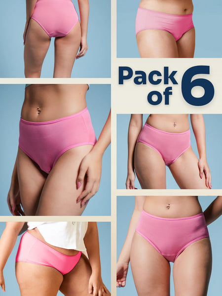 Collage of pink underwear with 'Pack of 6' text on a blue background