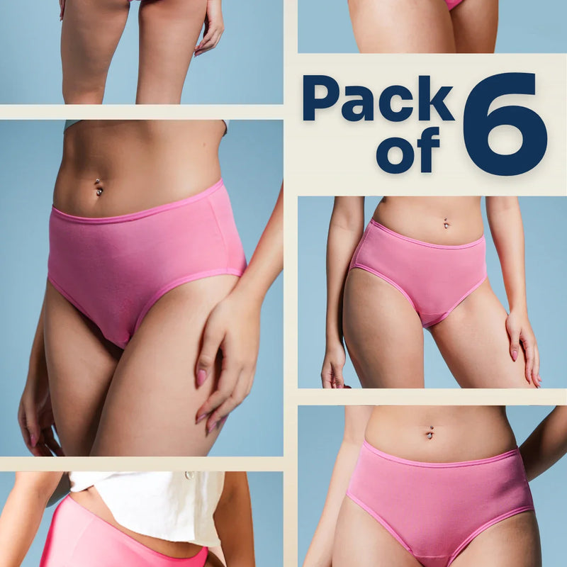 Collage of pink underwear with 'Pack of 6' text on a blue background