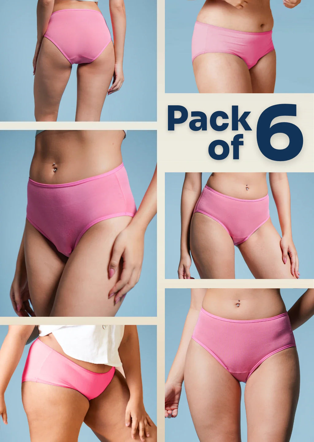 Collage of pink underwear with 'Pack of 6' text on a blue background