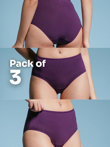 Collage of violet underwear on a beige background with 'Pack of 3' text.