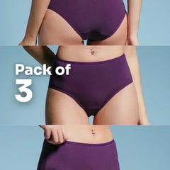 Collage of violet underwear on a beige background with 'Pack of 3' text.