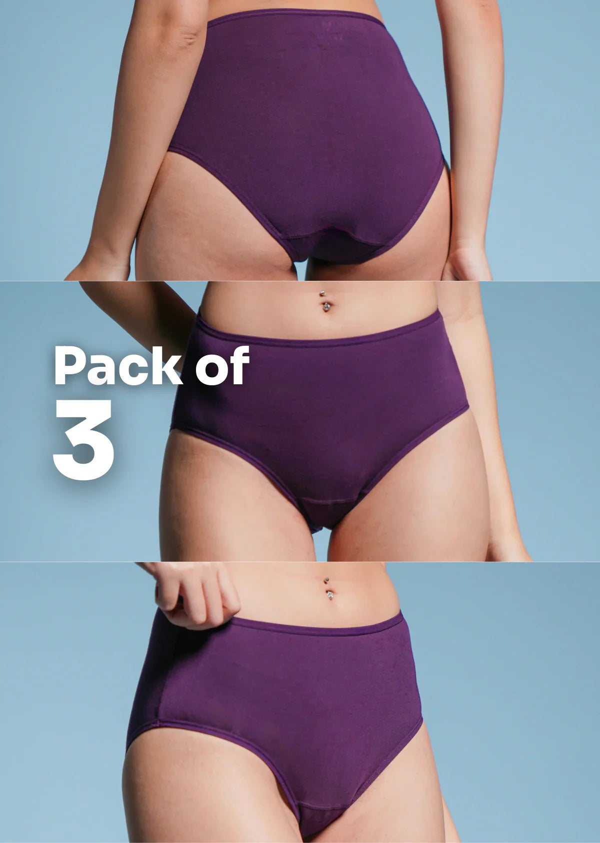 Collage of violet underwear on a beige background with 'Pack of 3' text.