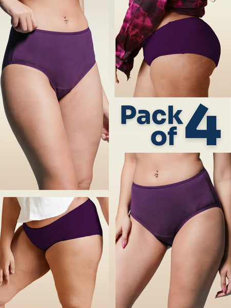 four-panel collage of violet underwear with a Pack of 4 text overlay on a beige background