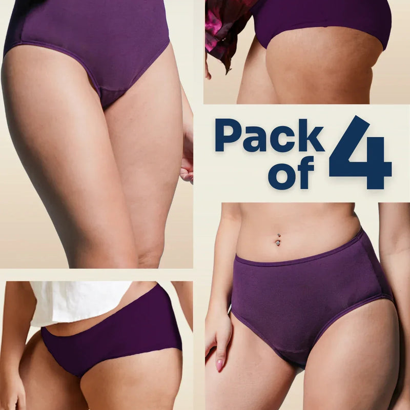 four-panel collage of violet underwear with a Pack of 4 text overlay on a beige background